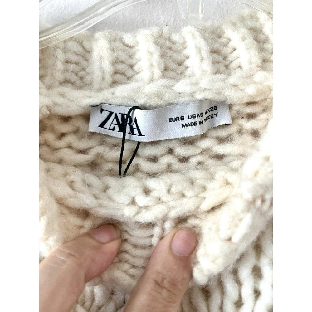 Zara Chunky Cable Knit Cropped Cream Ivory Sweater Size S Cozy Cottagecore - Picture 4 of 6